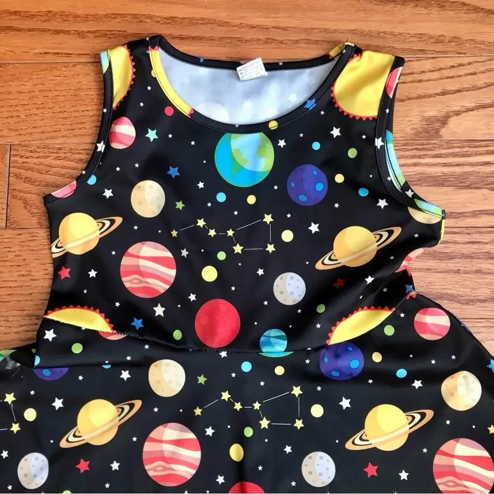 Funnycokid Planets Astronomy Print A-Line Skater Black Dress Girl’s Size XL
